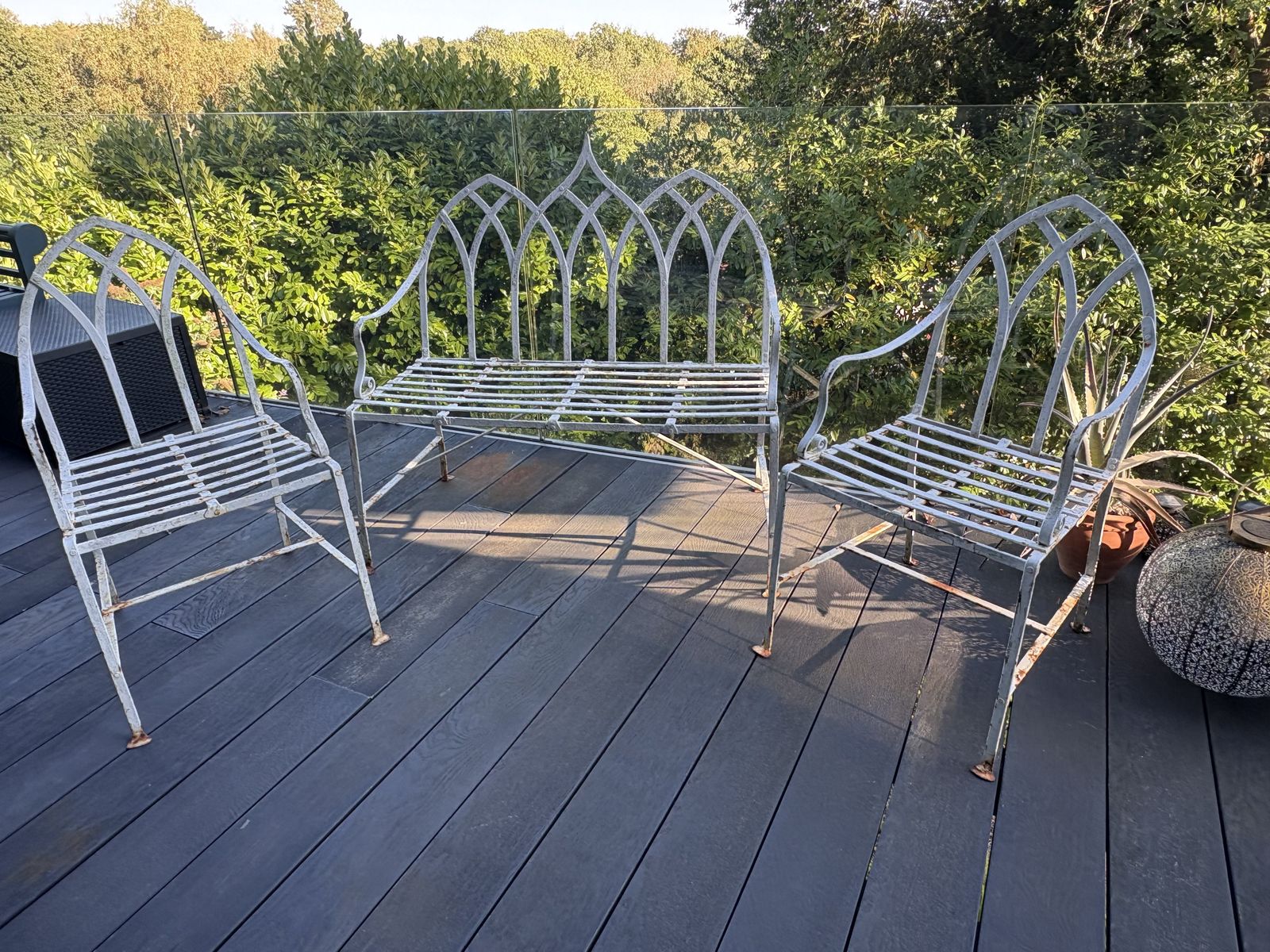 Gothic Arched Garden Furniture Set – Wrought Iron Bench & Two Chairs In White photo Garden Furniture