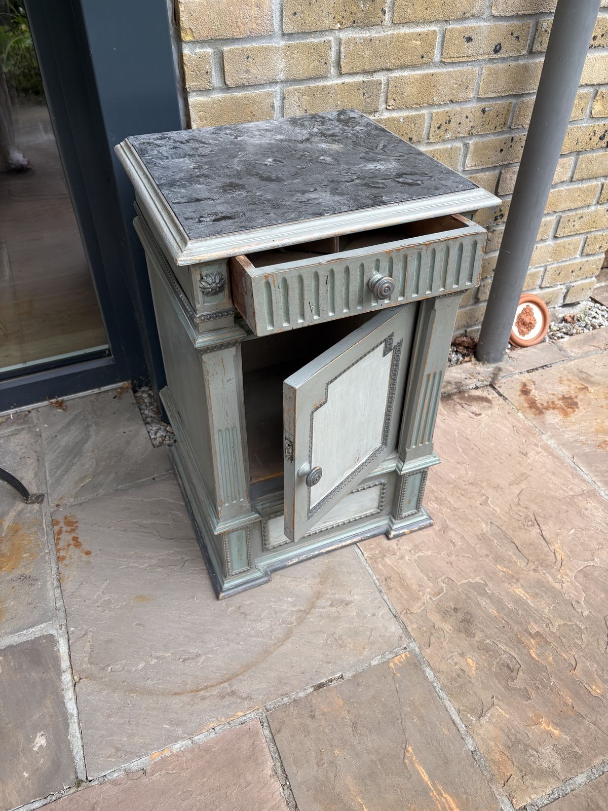 Pair Of French Style Bedside Cabinets – Grey/Blue With Decorative Detailing photo vinterior