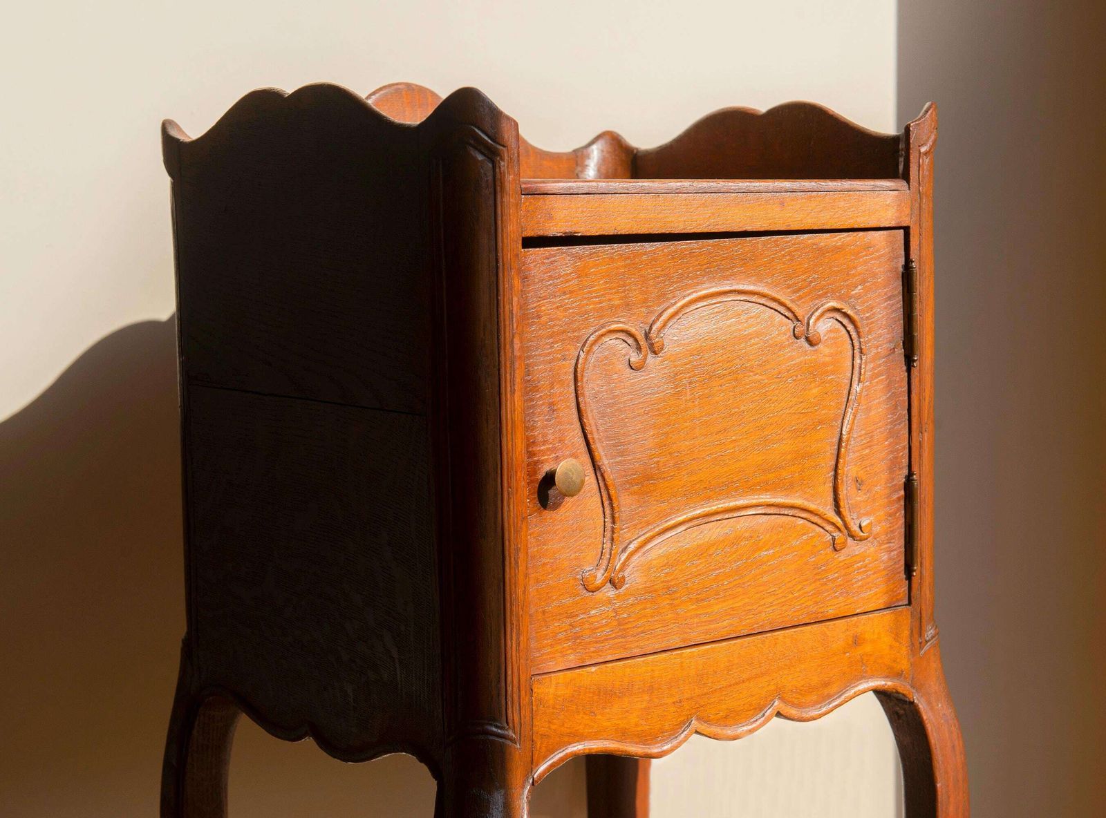 Antique Wooden Cabinet, French Bedside Table, Oak Telephone Table, Bend Legs, Scalloped Side Table With Door photo furniture