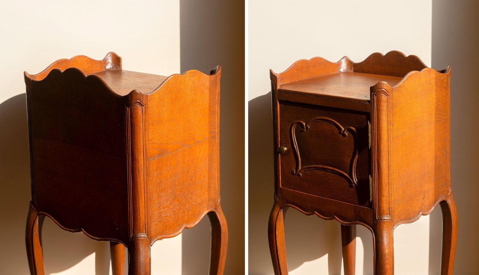 Antique Wooden Cabinet, French Bedside Table, Oak Telephone Table, Bend Legs, Scalloped Side Table With Door photo vinterior