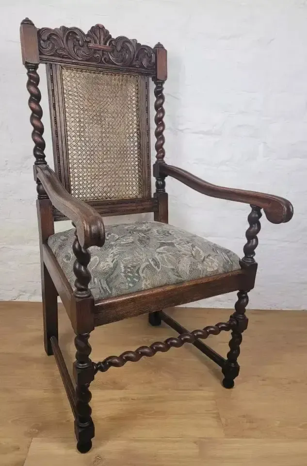 Victorian Barley Twist Armchair Carved Oak Antique Upholstered photo for sale