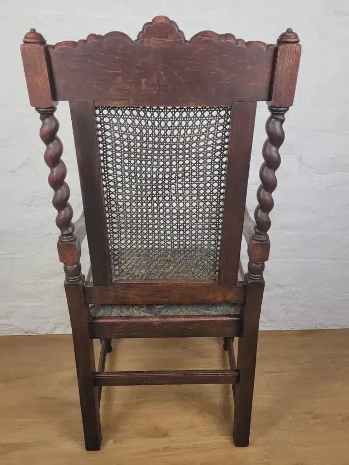 photo vintage Victorian Barley Twist Armchair Carved Oak Antique Upholstered