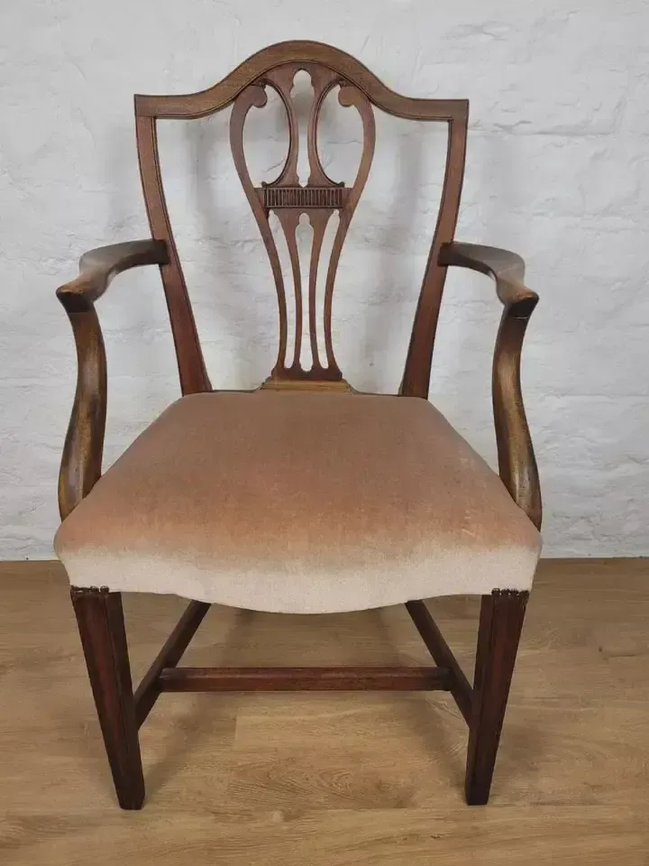 Furniture Victorian Dining Armchair Oak Carved Pierced Back Upholstered photo