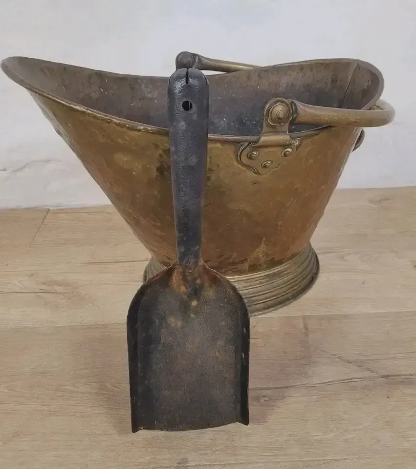 Victorian Brass Coal Scuttle Bucket Shovel 19thc Antique photo 69.0
