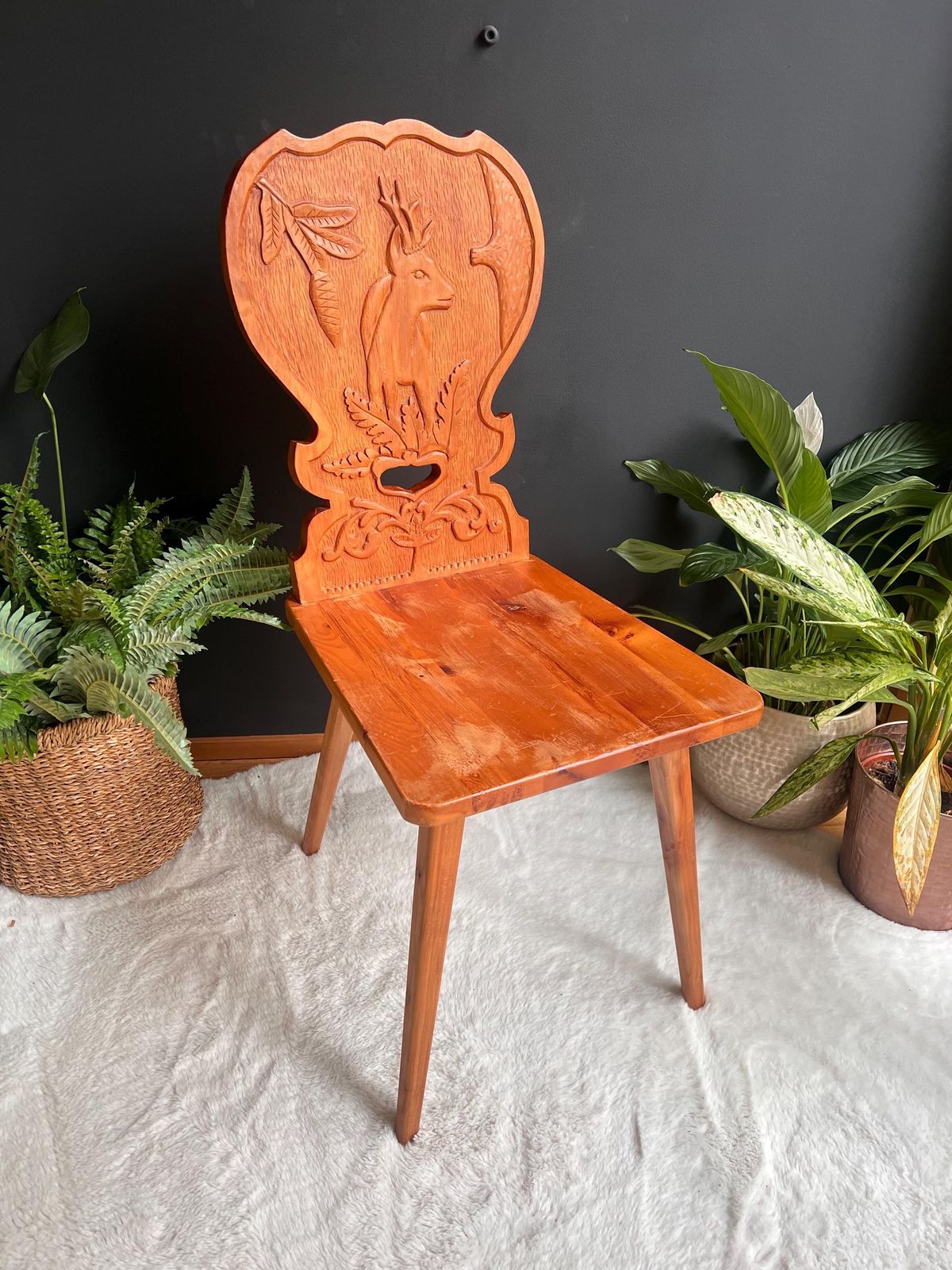 Hand Carved Swiss Folk Art Chair | Vintage Alpine Hunting Lodge Decor | Rustic Wooden Chair Stag & Oak Leaf Carving Graubünden Switzerland photo vinterior