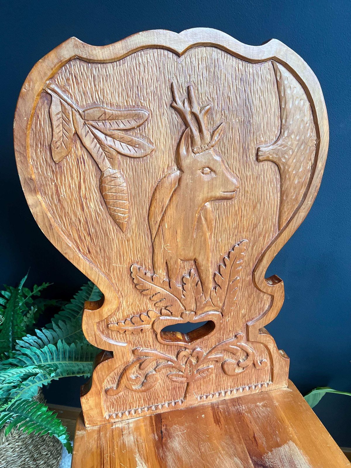 photo for sale Hand Carved Swiss Folk Art Chair | Vintage Alpine Hunting Lodge Decor | Rustic Wooden Chair Stag & Oak Leaf Carving Graubünden Switzerland