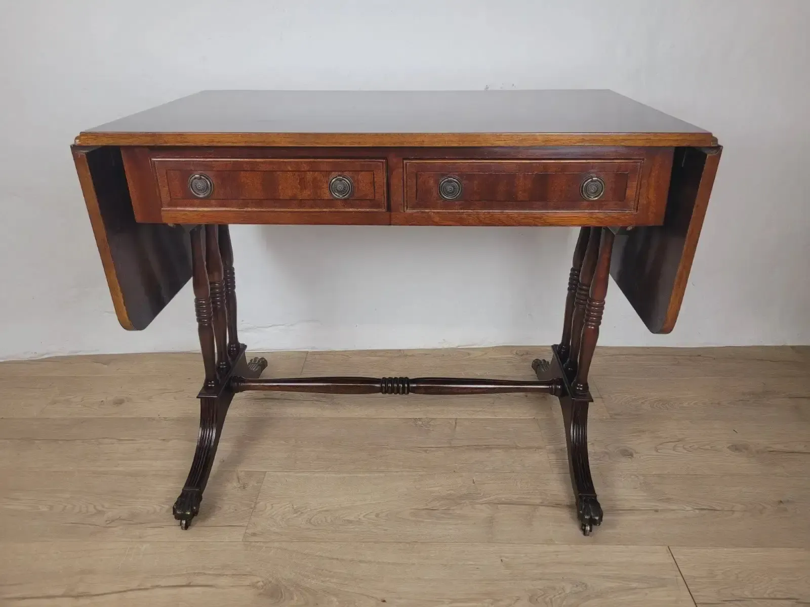 photo buy Drop Leaf Side Table Drawers Mahogany Castors Vintage 1940s