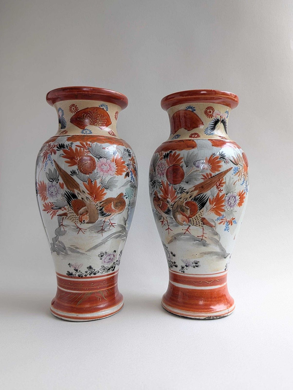 Pair Of 19th Century Red Japanese Meiji Kutani Vases, Hand Painted Gilt Porcelain photo Home Decor