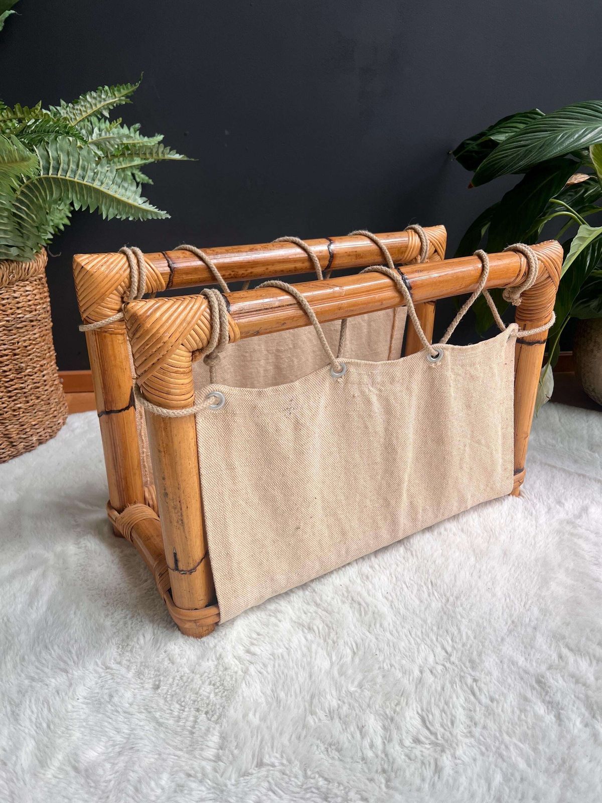 Vintage Boho Bamboo & Jute Magazine Rack Mid Century Modern Organic Decor, Cozy Minimalist Home Woven Organizer, Lp Vinyl Holder