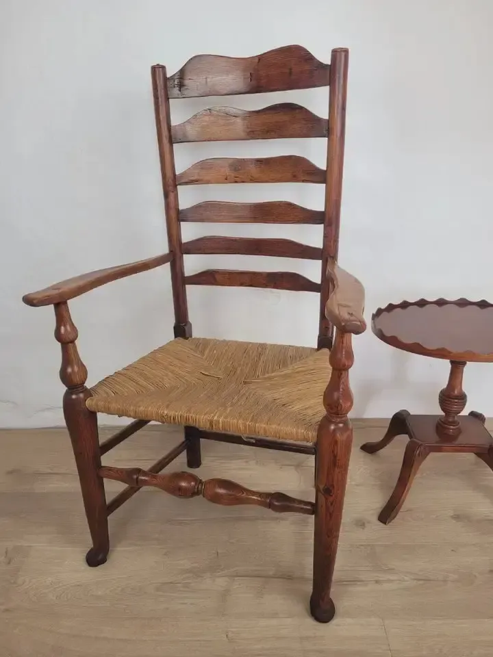 Ladderback Armchair Elm 19th Century Country Rush Seat Antique