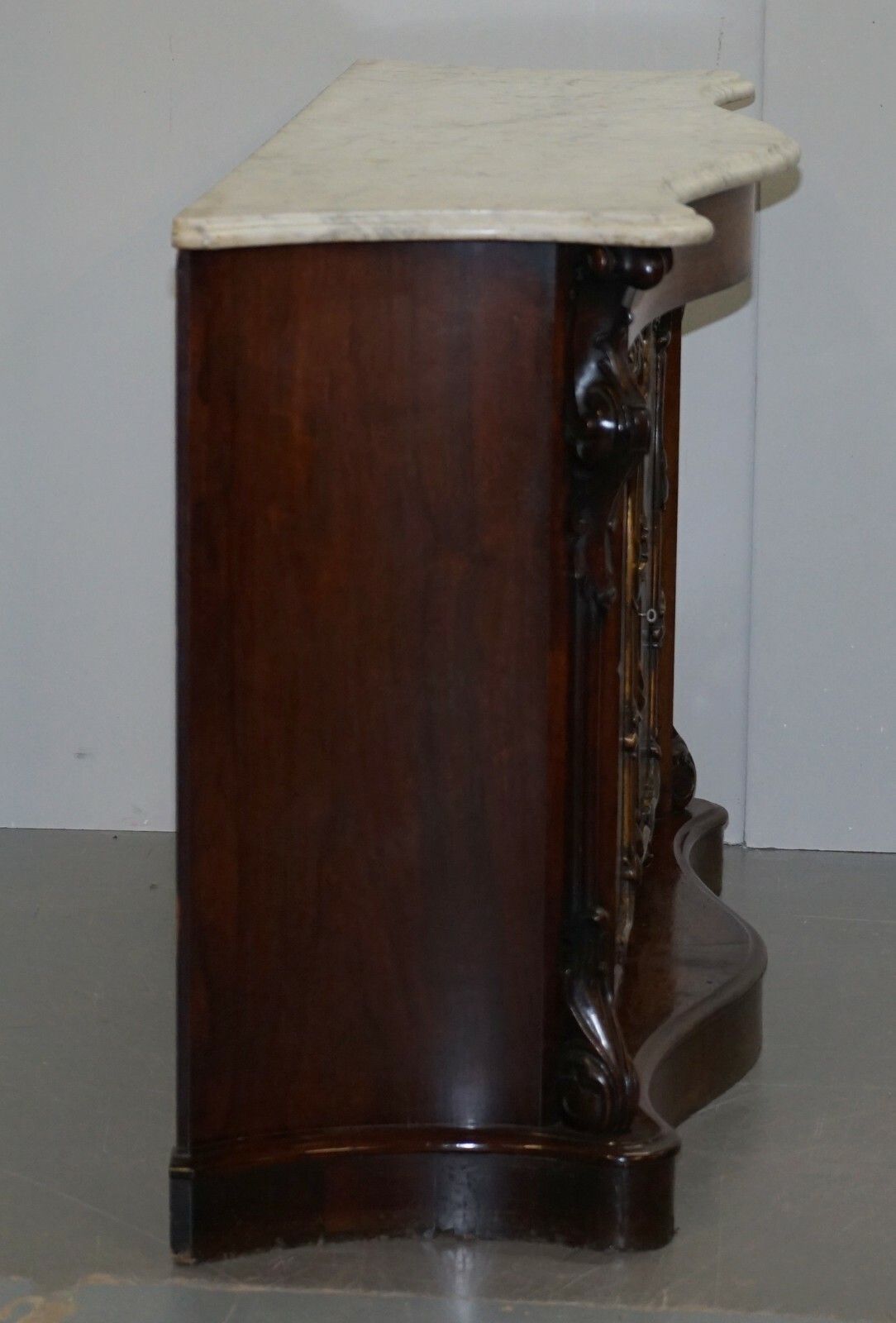 photo for sale Victorian Marble Topped Serpentine Fronted Verni Martin Painted Carved Sideboard