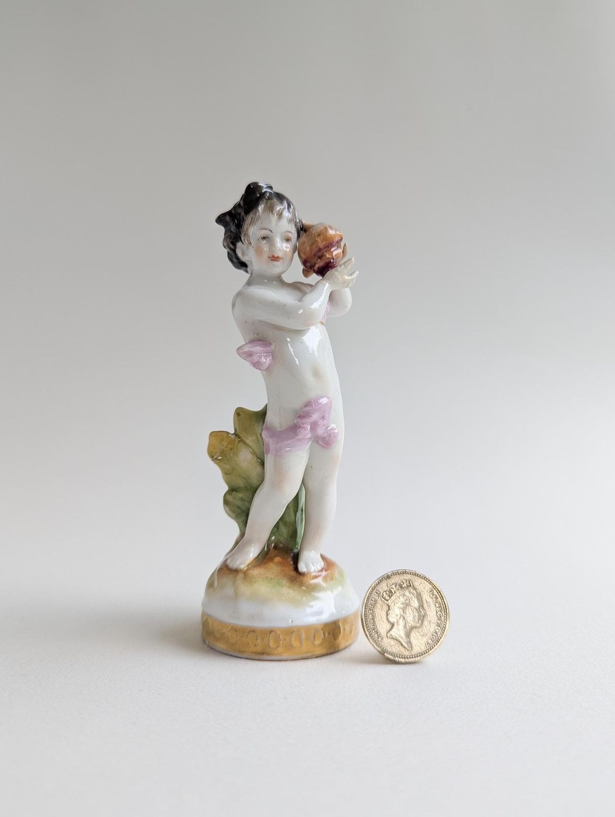 Antique Volkstedt Porcelain Figure Of Cherub With Seashell, Highly Collectable German Putti Figurine photo furniture