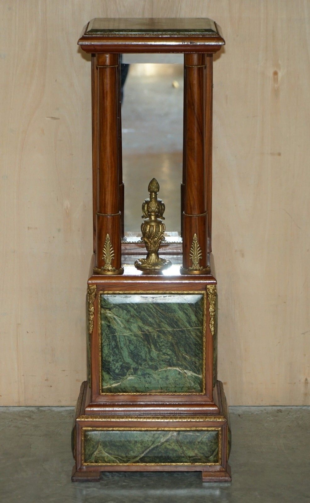 Pair Of Antique Gilt Bronze Mounted Walnut Green Marble Topped Pedestal Stands photo for sale
