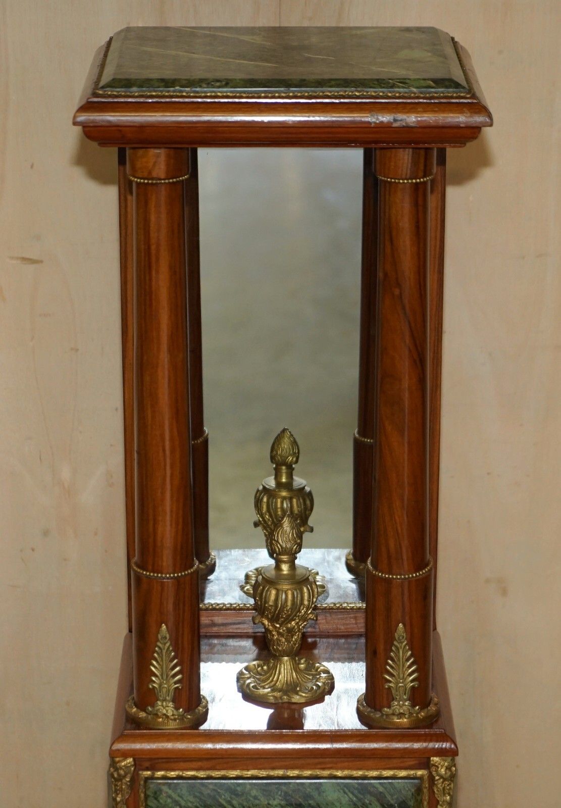 Pair Of Antique Gilt Bronze Mounted Walnut Green Marble Topped Pedestal Stands photo Home Decor