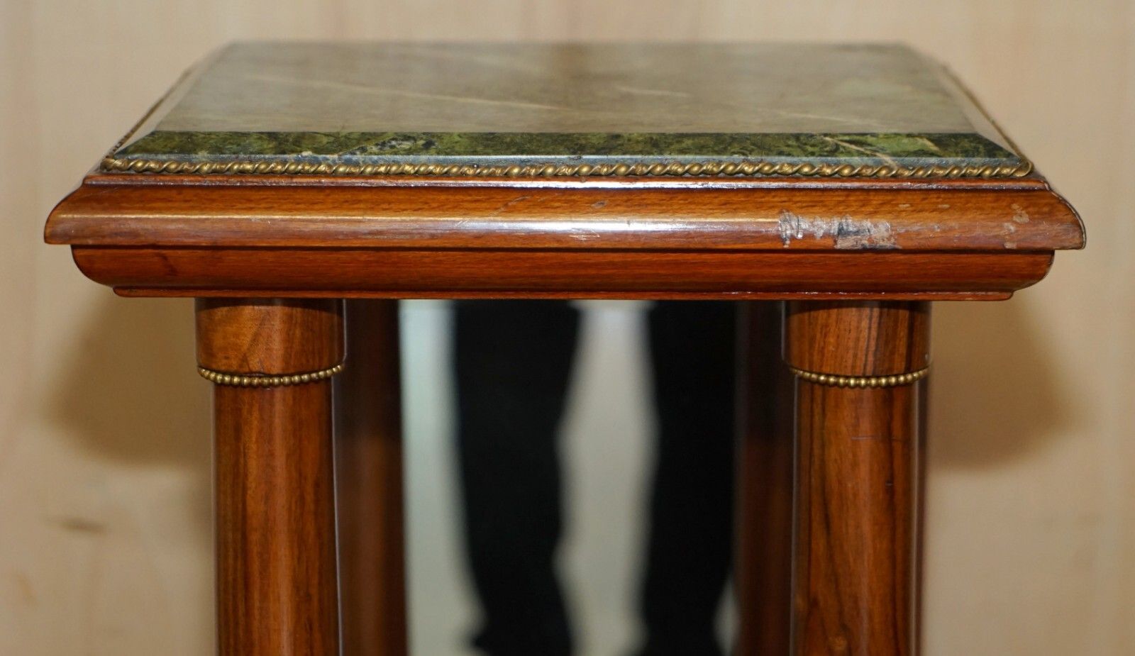 Pair Of Antique Gilt Bronze Mounted Walnut Green Marble Topped Pedestal Stands photo vinterior