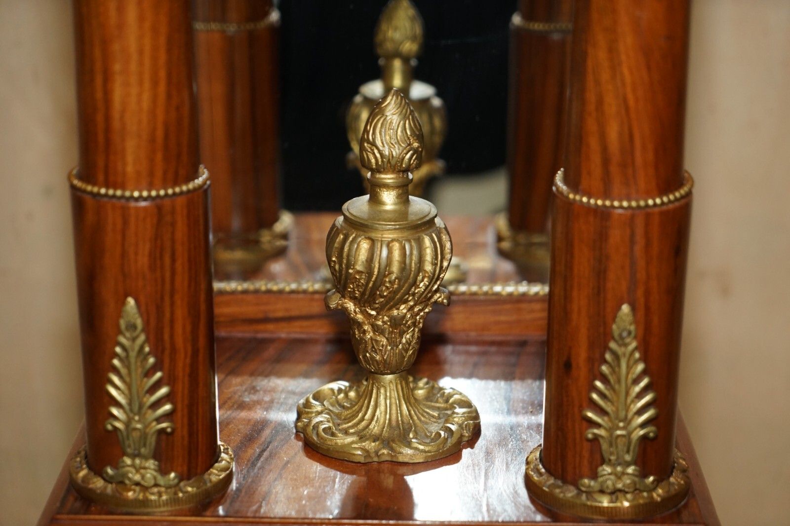 Pair Of Antique Gilt Bronze Mounted Walnut Green Marble Topped Pedestal Stands photo buy