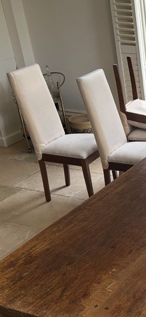 Solid Oak Dining Chairs With Fabric Seat And Back.  Uncovered.  8 Chairs Altogether.  Seat Height 48cm X Back Height 101cm X Depth 45cm X Width 45cm.