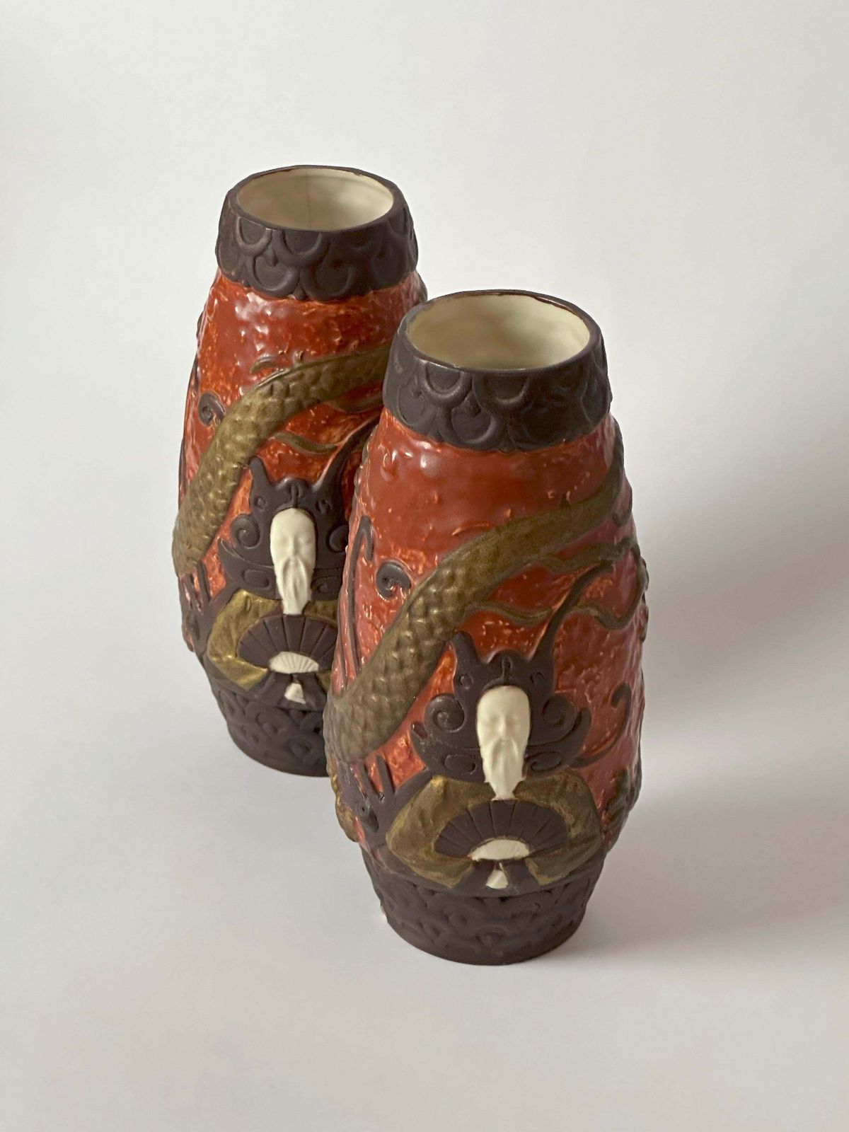 Pair Of Jugendstil Style Ceramic Dragon Vases By Bb Hohenstein, Germany photo vinterior