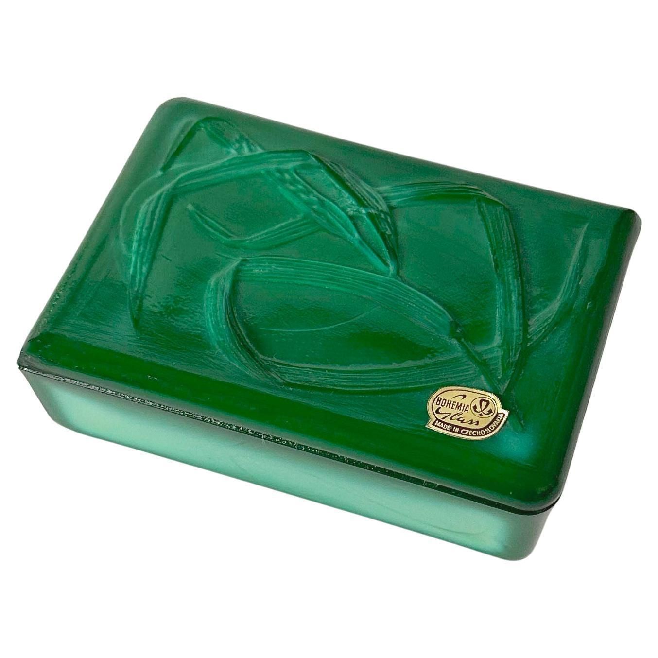 Czech Malachite Glass Trinket Box In The Style Of Schlevogt, Circa 1950