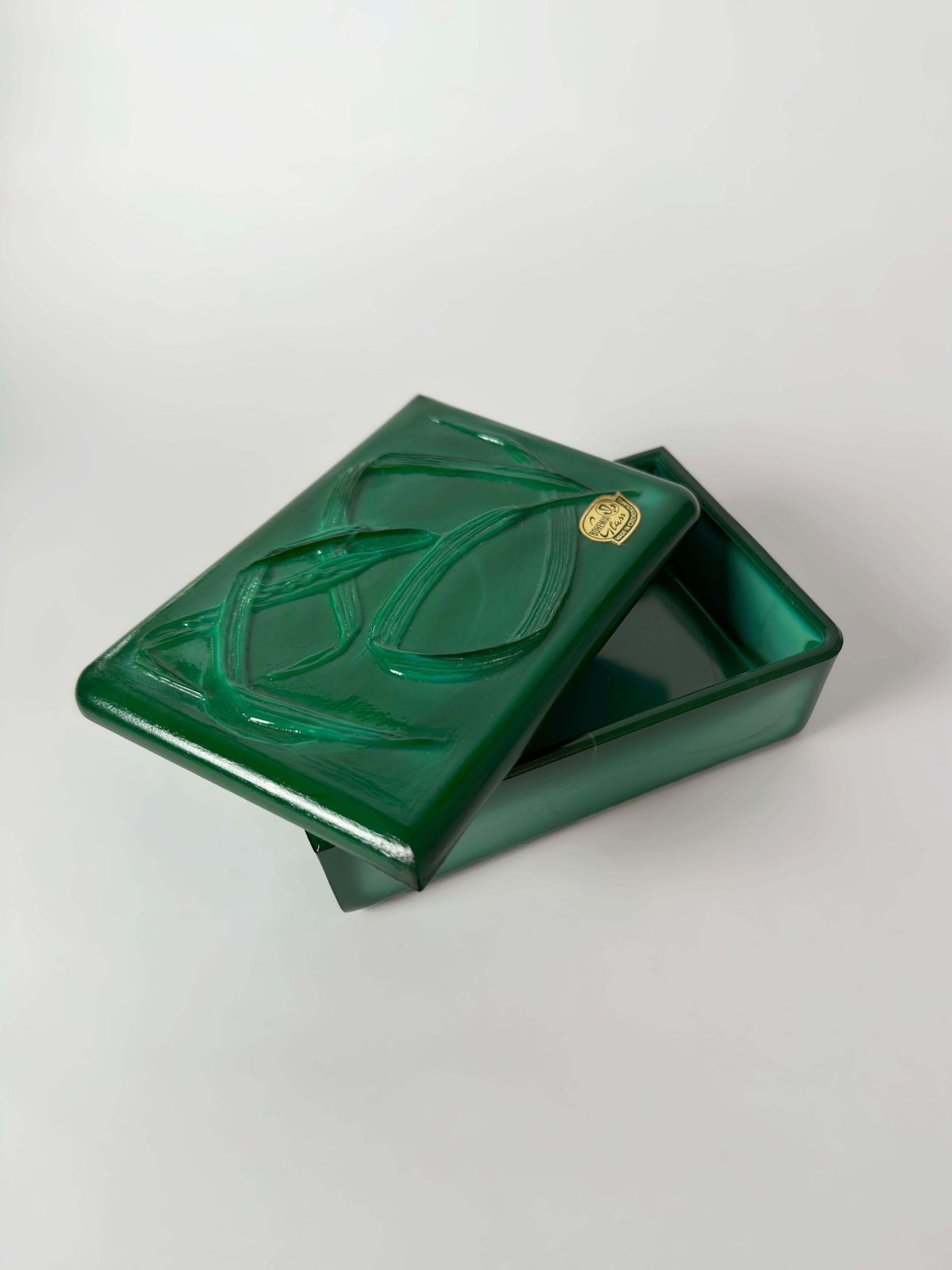 Czech Malachite Glass Trinket Box In The Style Of Schlevogt, Circa 1950 photo for sale