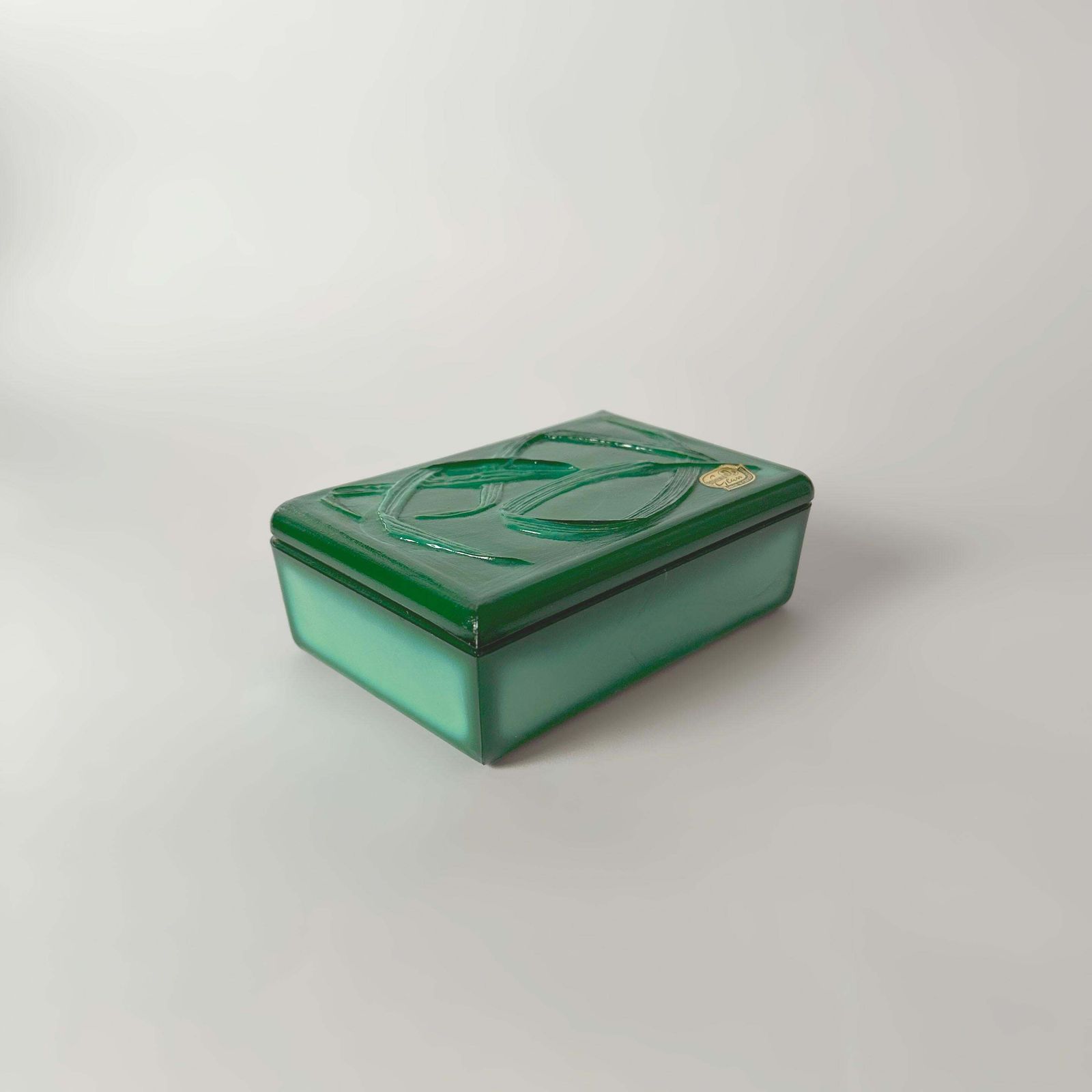 Czech Malachite Glass Trinket Box In The Style Of Schlevogt, Circa 1950 photo vintage