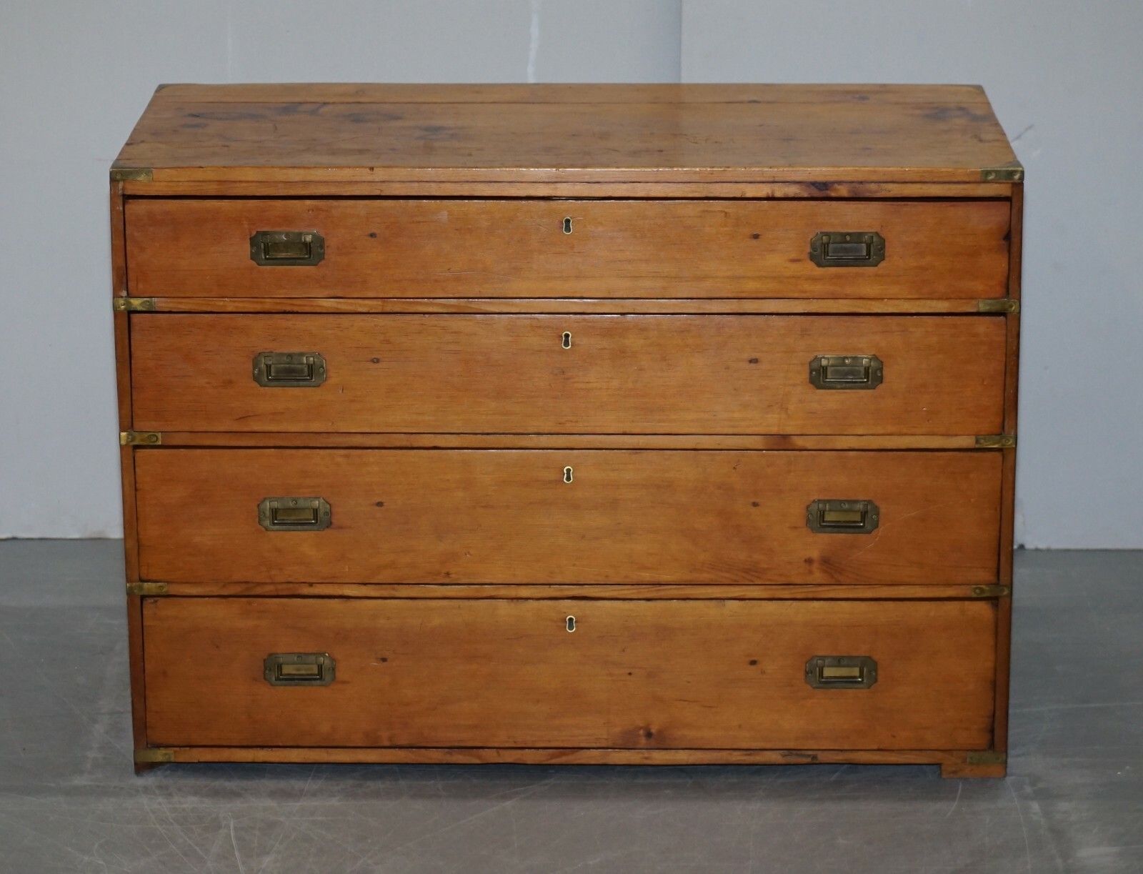 Sublime Victorian Pine Military Campaign Chest Of Drawers Original Brass Fitting photo furniture