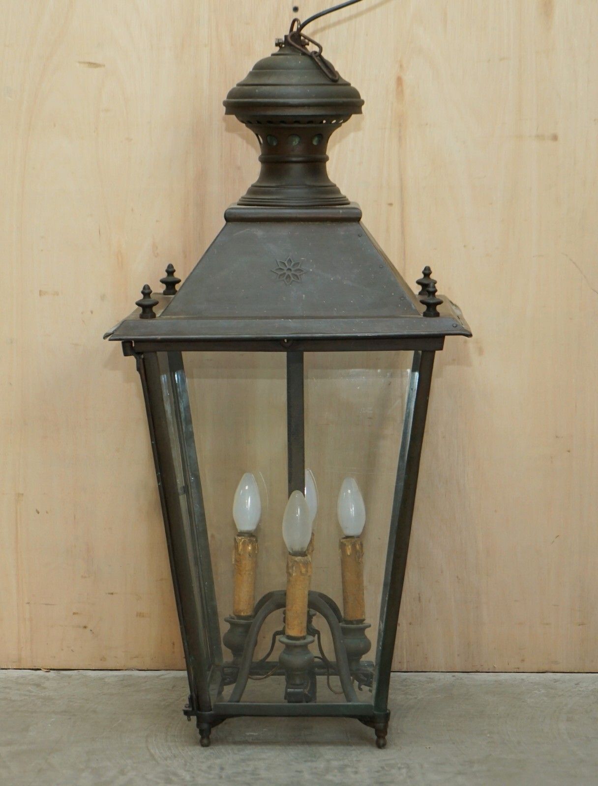 Lighting Antique Victorian Bronze Hanging Lantern With Four Candle Interior Must See photo