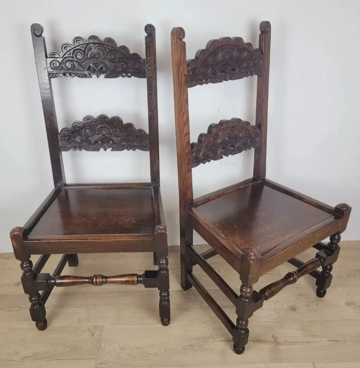 Yorkshire Side Chairs Pair Carved Farmhouse Vintage 1950s photo for sale
