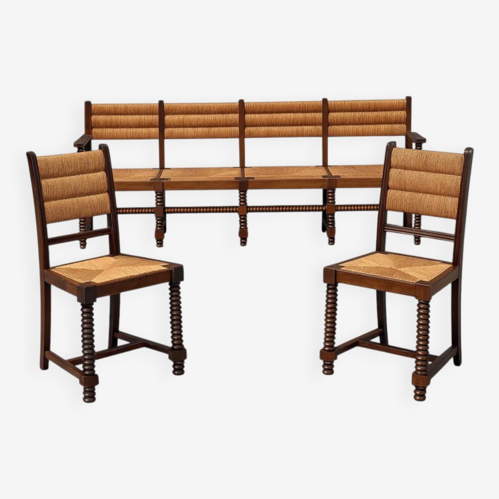 Set Of Benches And 2 Chairs In Solid Oak And Straw, French Work, 1940 photo furniture