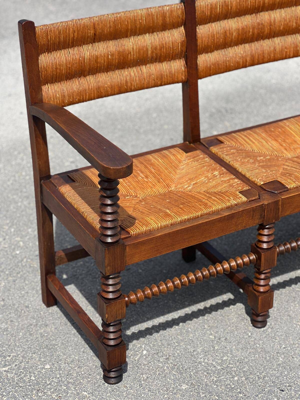 Set Of Benches And 2 Chairs In Solid Oak And Straw, French Work, 1940 photo vinterior