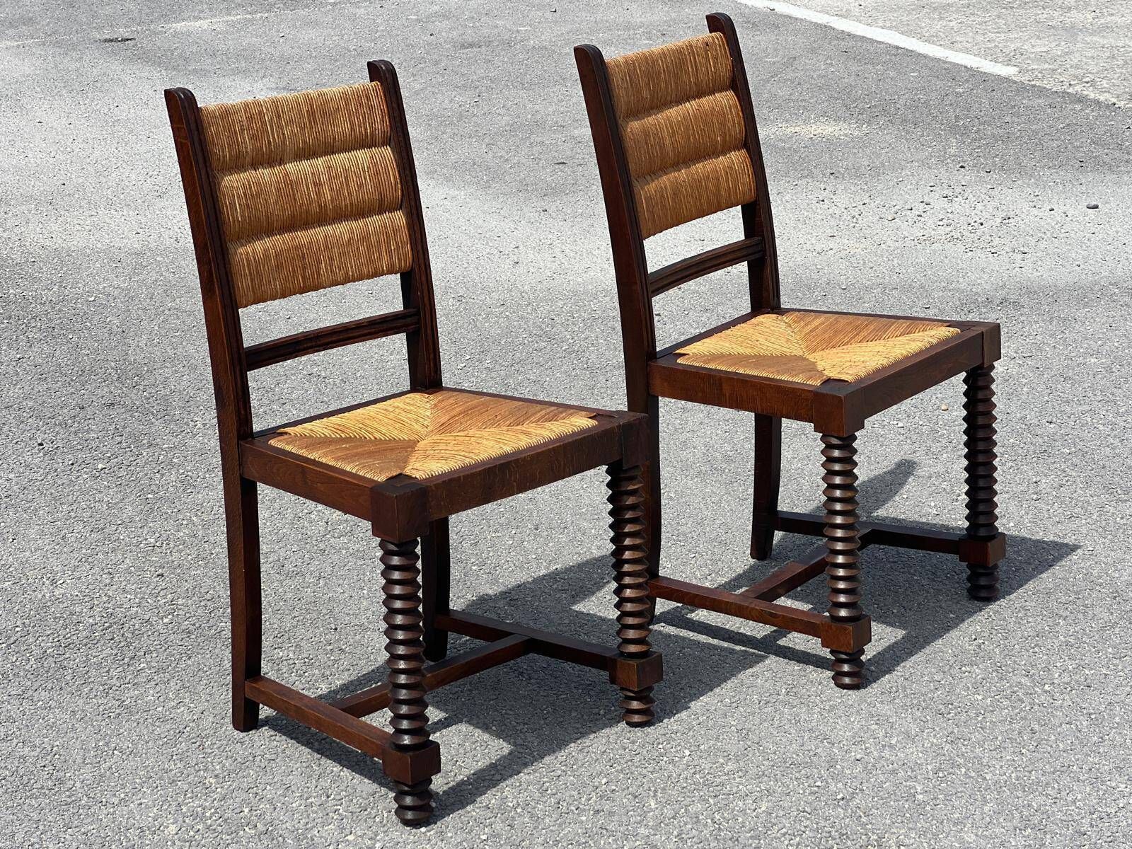Set Of Benches And 2 Chairs In Solid Oak And Straw, French Work, 1940 photo buy