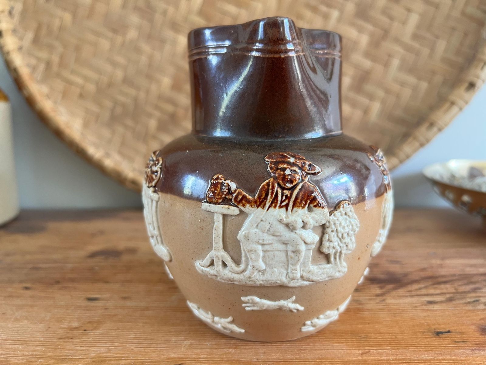Antique Doulton Lambeth Stoneware Pitcher   Impressed Relief Scene Jug   Brown & Tan Salt Glaze Jug   English Pottery   Harvest Scene photo furniture