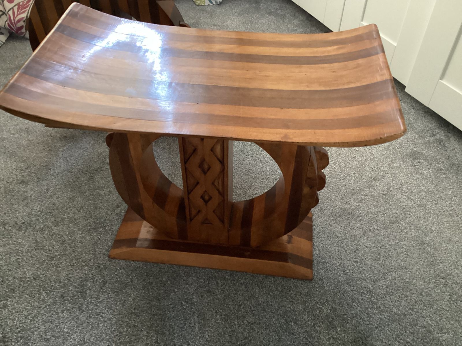 Unique Throne Shaped Stools Made Of Decoratively Cut Utile And Koto ,South African Woods. Curved Seat On Pedestal Base. photo for sale