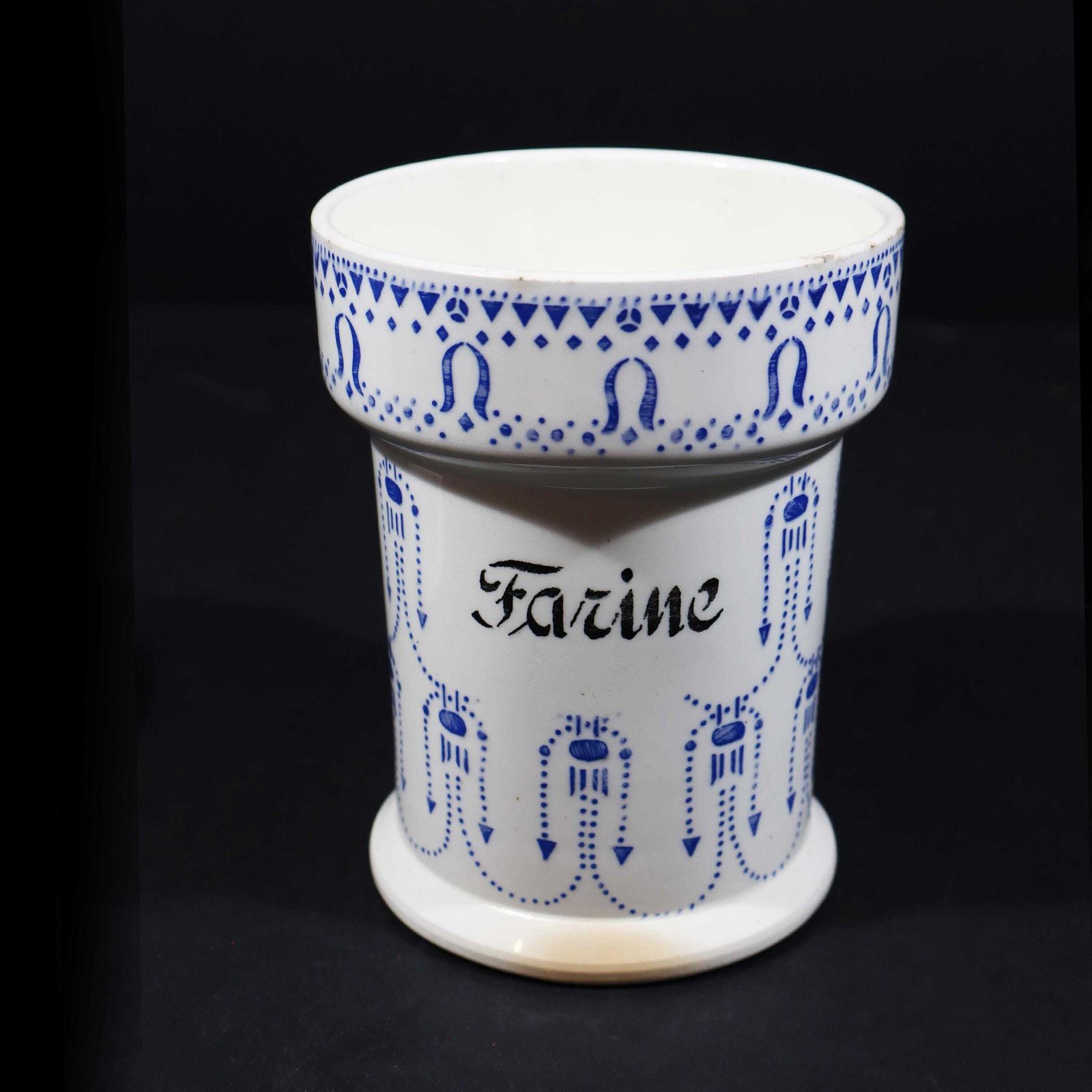 Art Deco Ironstone Storage Jar Set Of 2 French White And Blue Canisters Ceramic Utensil Holder photo for sale