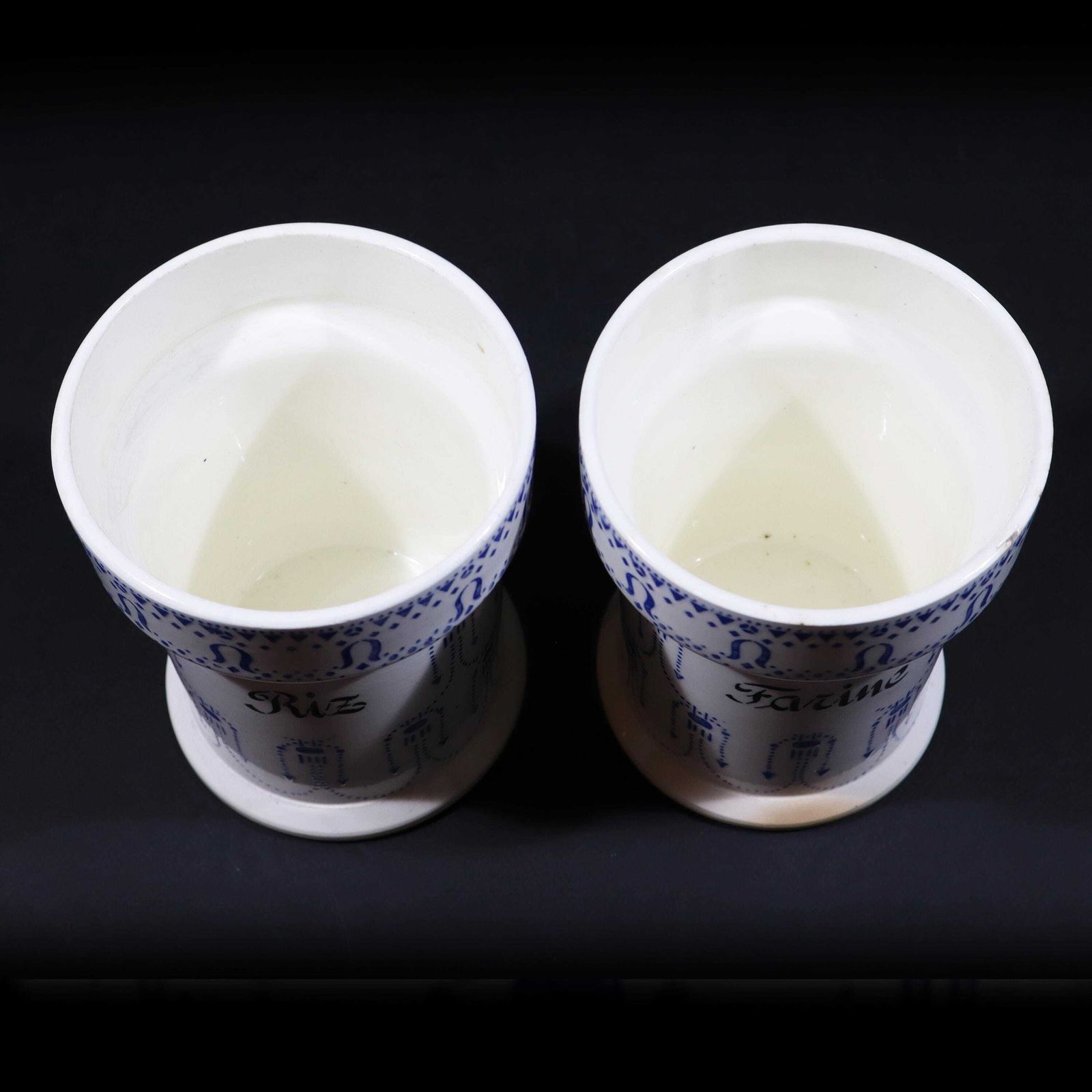 photo for sale Art Deco Ironstone Storage Jar Set Of 2 French White And Blue Canisters Ceramic Utensil Holder