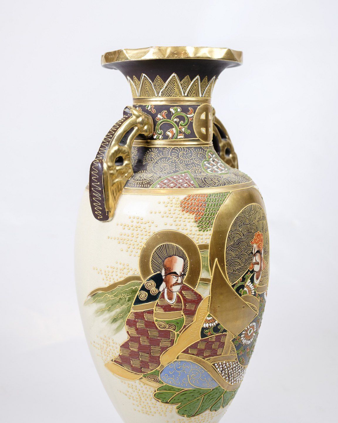 Japanese Satsuma Vase – Meiji Period Style – Ivory Glaze With Crackle Finish – Hand Painted Figures & Ornaments photo furniture