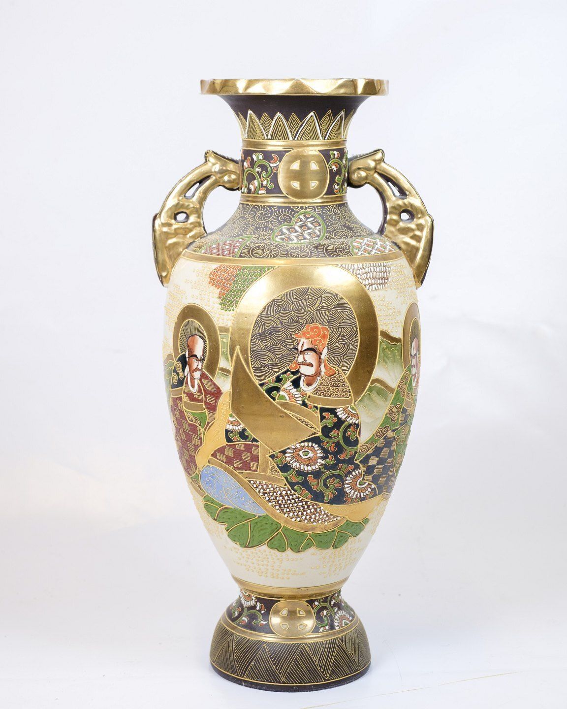 Japanese Satsuma Vase – Meiji Period Style – Ivory Glaze With Crackle Finish – Hand Painted Figures & Ornaments photo 245.0