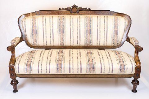 Antique 3 Seater Sofa   Klunke Style   Striped Upholstery   Walnut   Turned Legs   1890s