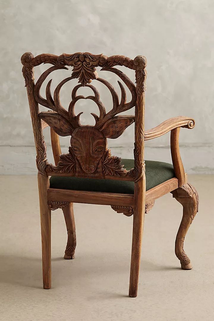 Hand Carved Wooden Armchair With Deer Head & Antler Design – Rustic Luxury Accent Chair photo furniture