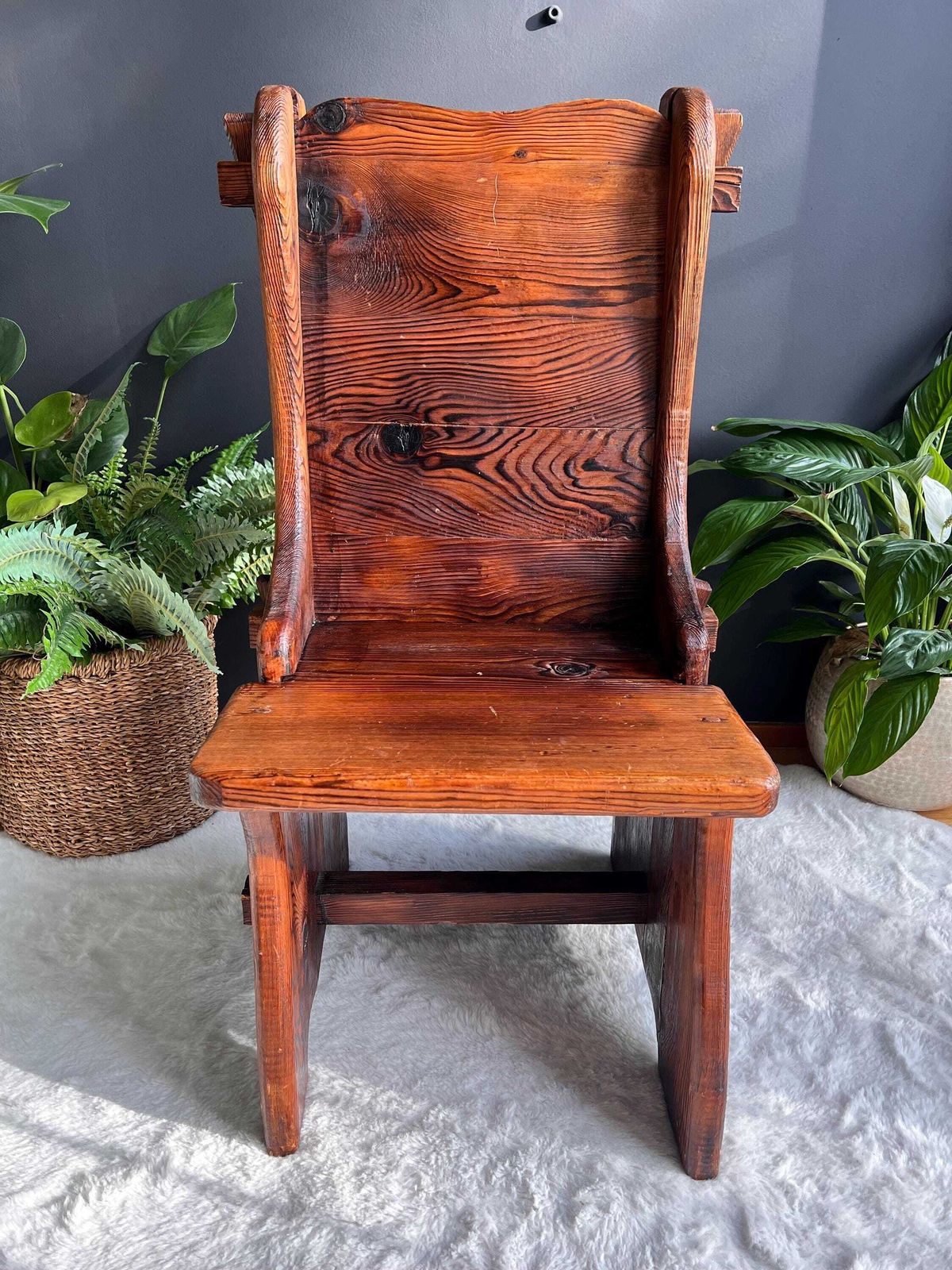 Primitive Handmade Side Chair   Rustic Viking Style Medieval Seat   Folk Art Wood Chair For Castle & Cabin Decor photo vinterior