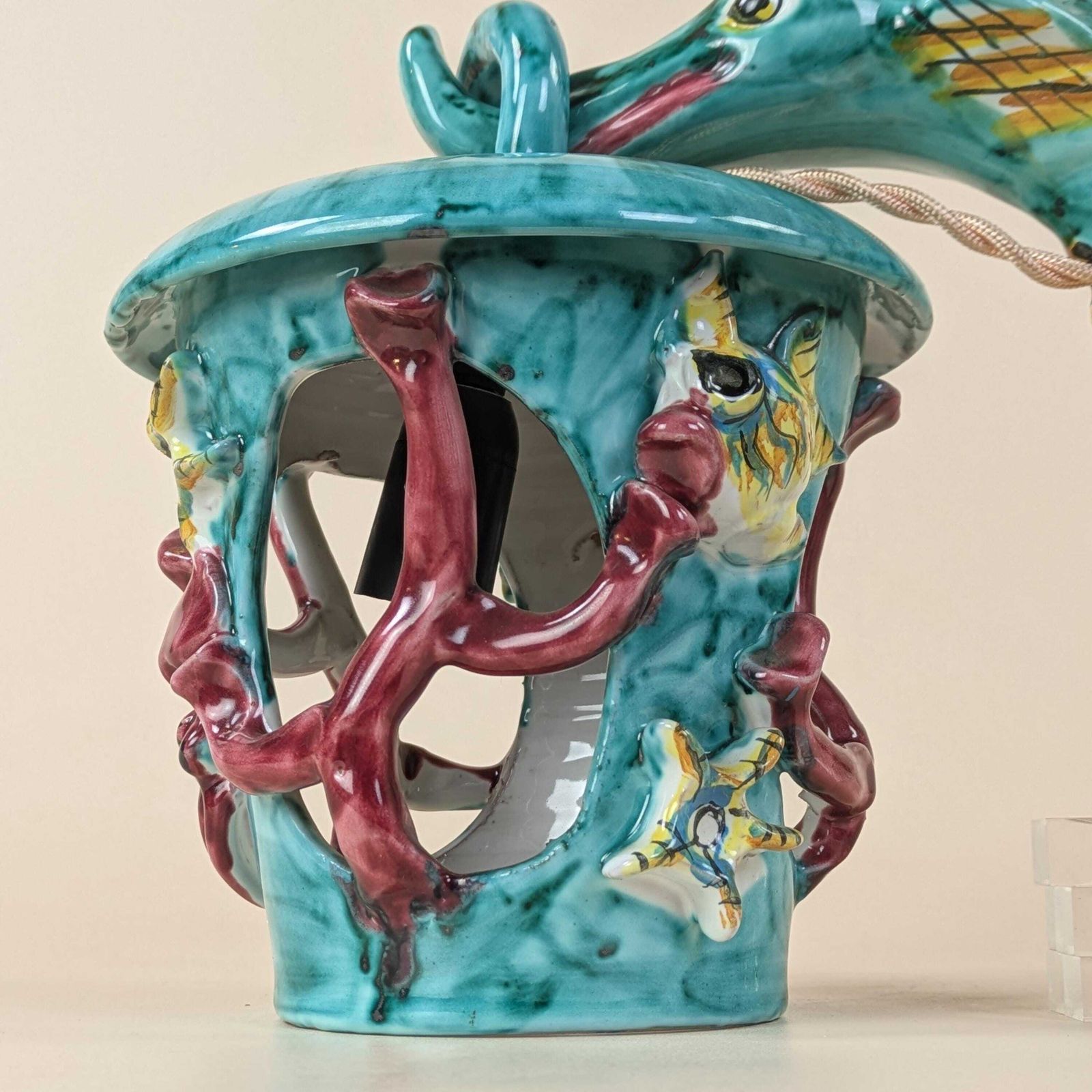 photo furniture Vintage Ceramic Seahorse Wall Sconce, Turquoise & Yellow Glaze Seashell And Coral Whimsical Hanging Wall Lighting, Nautical Decor Light