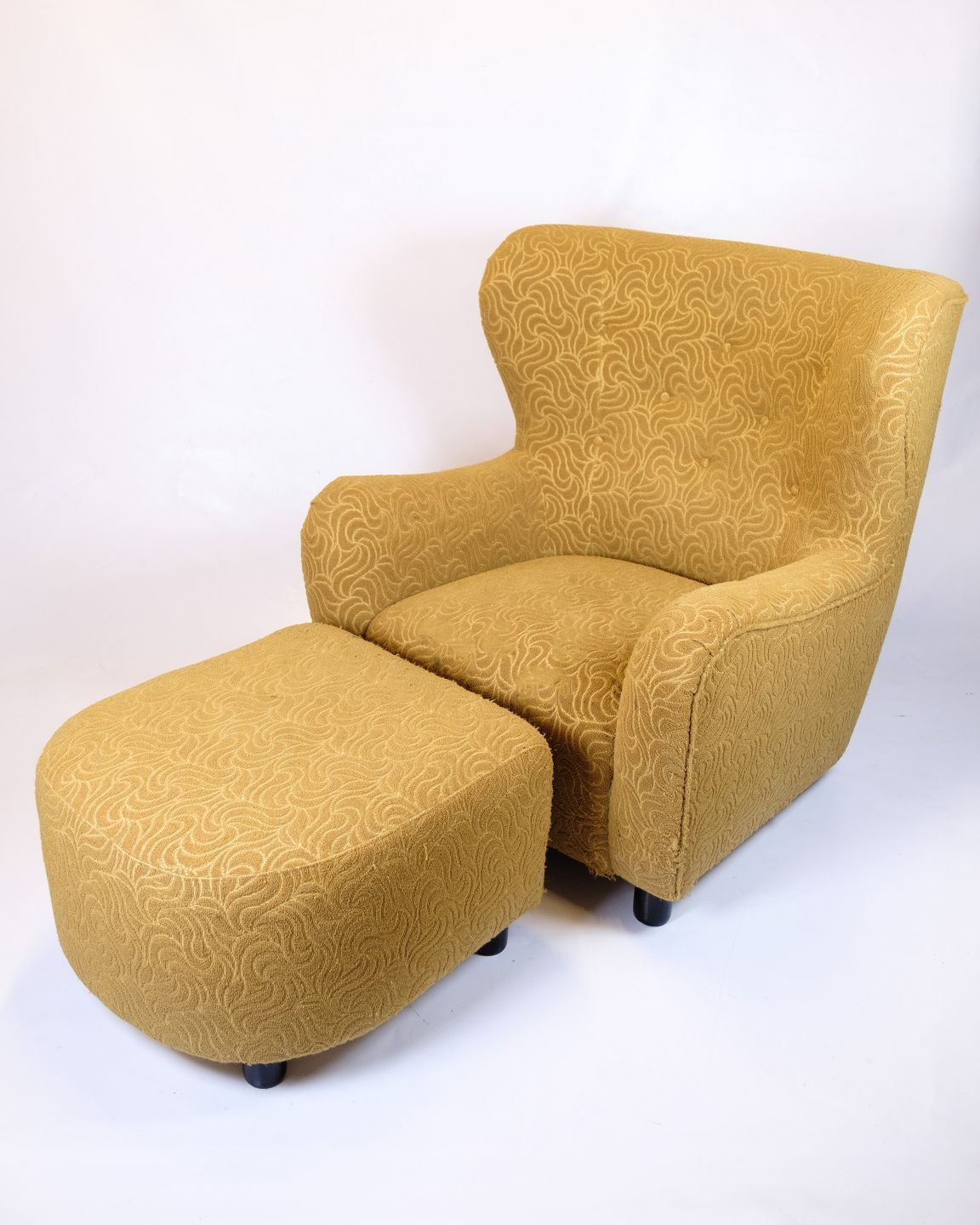 Armchair   Upholstered   Patterned Yellow Fabric   Black Legs   Danish Design   1940s Style