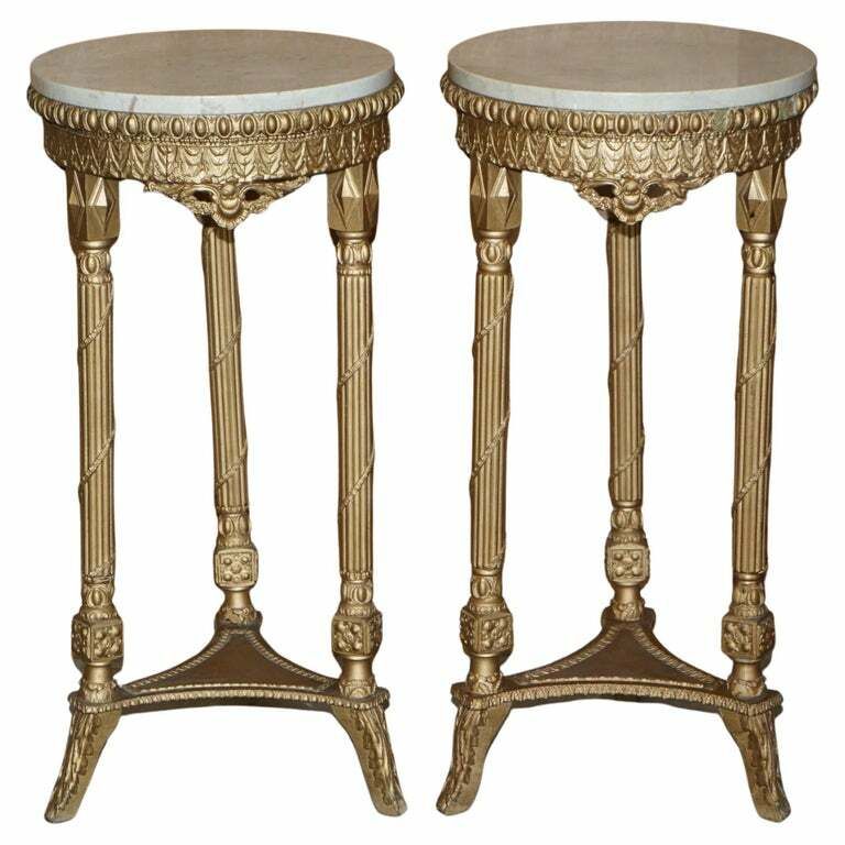 Pair Of Antique Giltwood Marble Topped Jardiniere Plant Marble Bust Stands