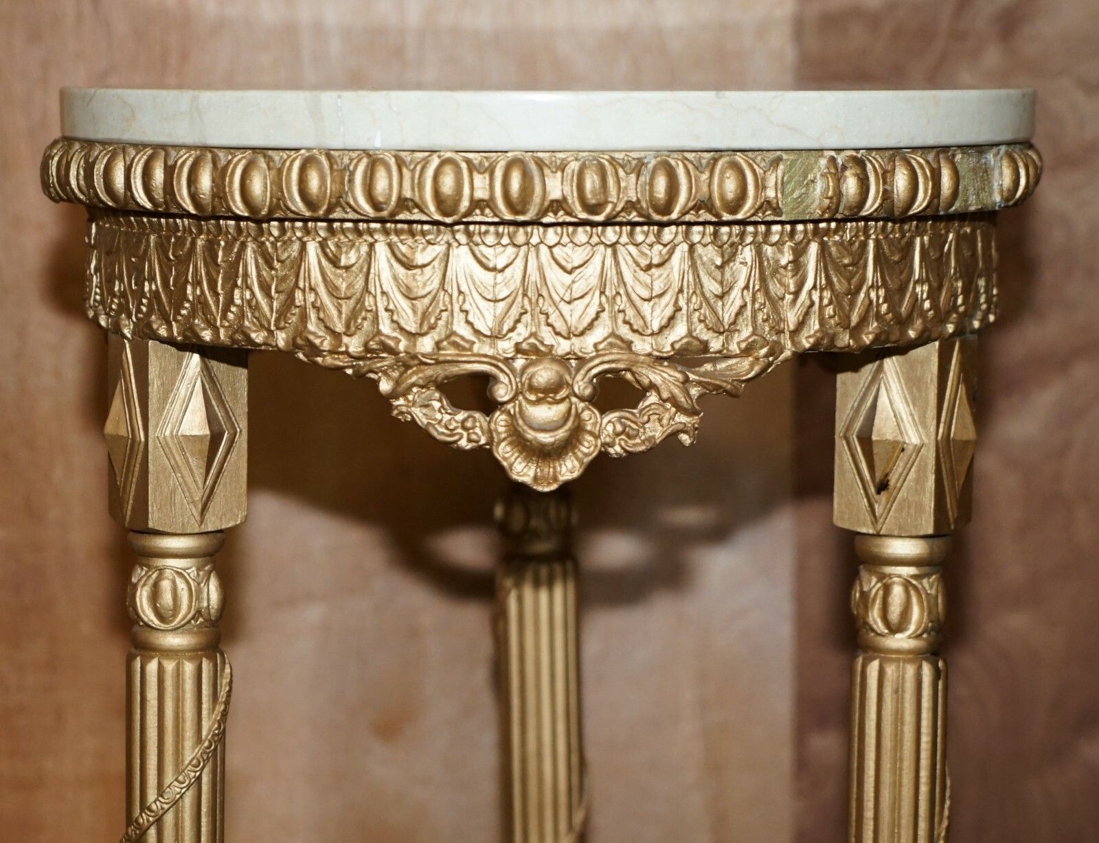 photo for sale Pair Of Antique Giltwood Marble Topped Jardiniere Plant Marble Bust Stands