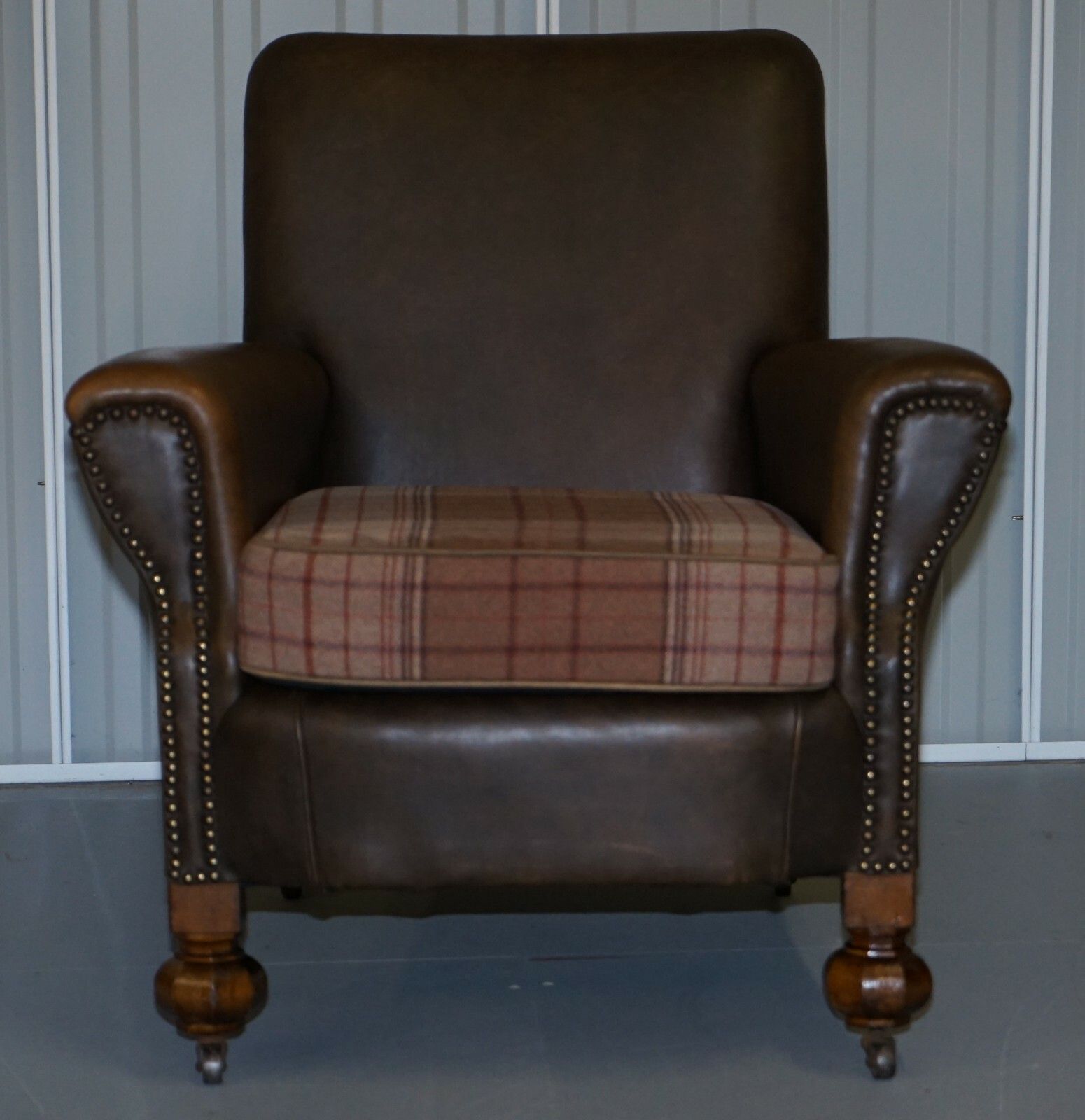 photo for sale Edwardian Walnut Brown Leather Three Piece Sofa, Armchairs Suite Tartan Cushions