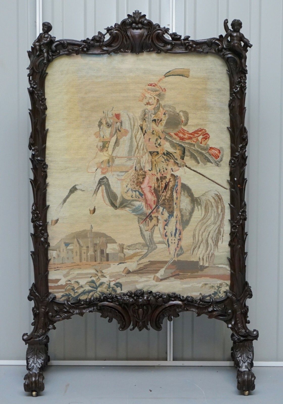Georgian Circa 1800 Carved Wood Fireplace Screen Original Tapestry Cherubs Putti photo furniture