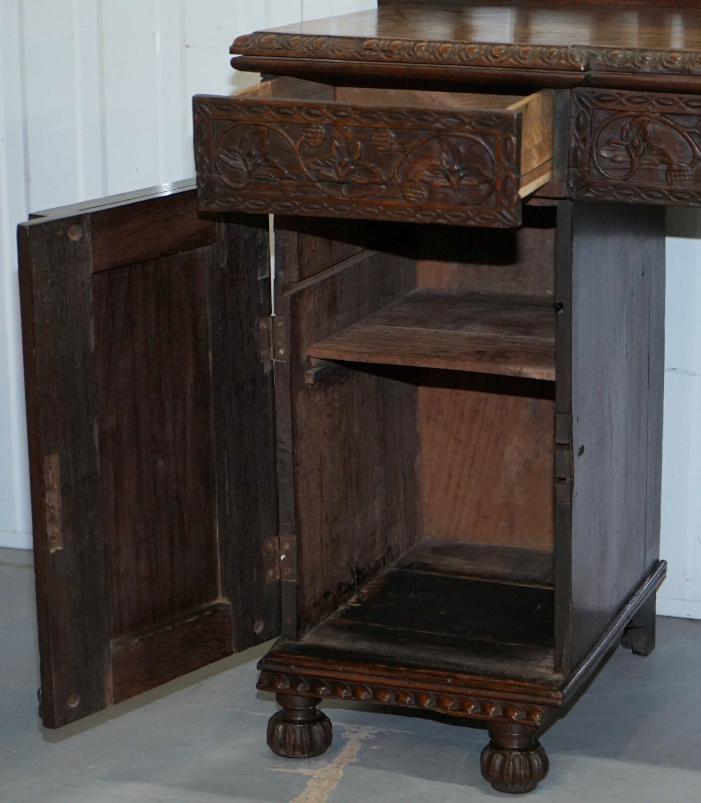 Furniture Lovely Anglo Burmese 19th Century Hand Carved Sideboard With Drawers & Cupboards photo