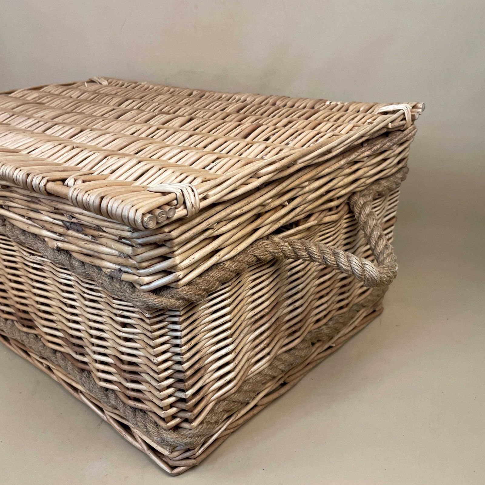Vintage Rectangle Basket Woven Wicker Brown Storage Brown Cottage Farmhouse Toy Lidded Picnic Lid Rope Detail Antique Toys Log Logs Hamper photo furniture