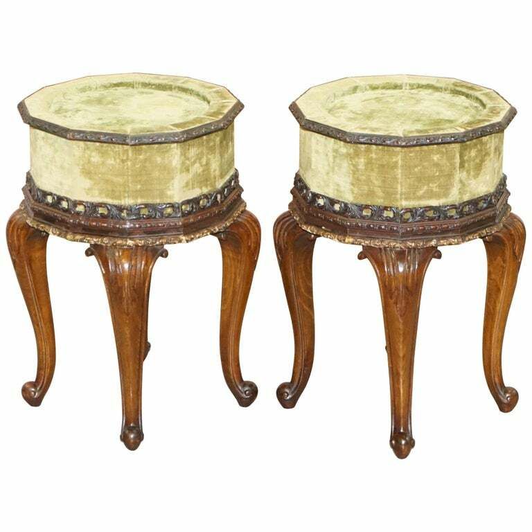 Sublime Pair Of Antique Circa 1860 Mahogany Carved Side Lamp Tables Velvet Tops