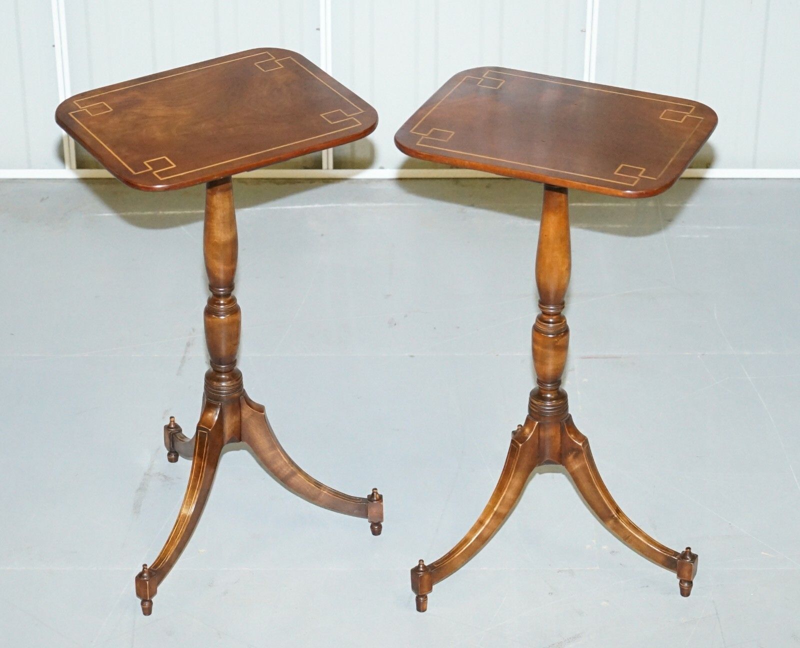 Pair Of Vintage Flamed Walnut & Inlaid Regency Style Tripod Side End Lamp Tables photo furniture